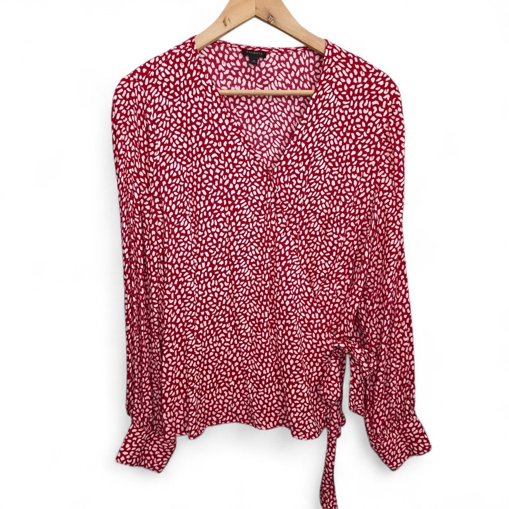 Talbots Top Womens Medium Red Surplice Neck Blouse Waist Tie Printed Casual